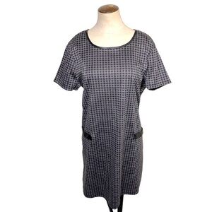 Plaid Shirt Dress Gray Purple Black Faux Leather Crew Neck Sz XL